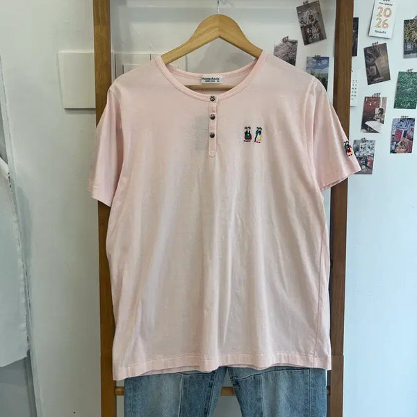 [BUNJANG] Pink Bear Embroidery Short Sleeve T-Shirt / 핑크색 곰돌이 자수 반팔 티셔츠
