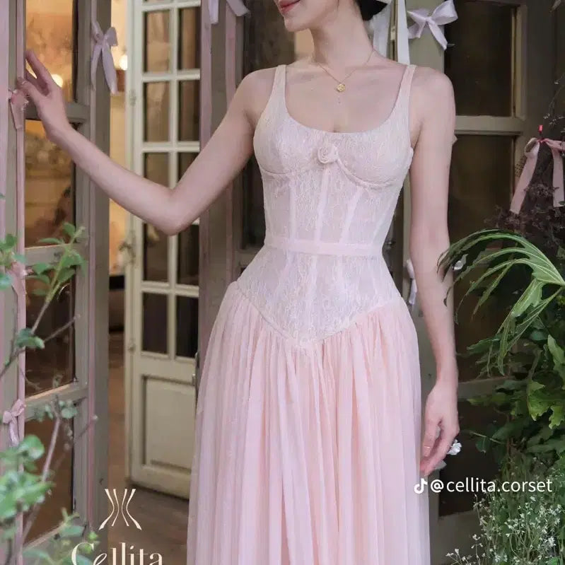 [BUNJANG] Celita Lace Corset Long Dress Pink / 셀리타 레이스 코르셋 롱 원피스 핑크