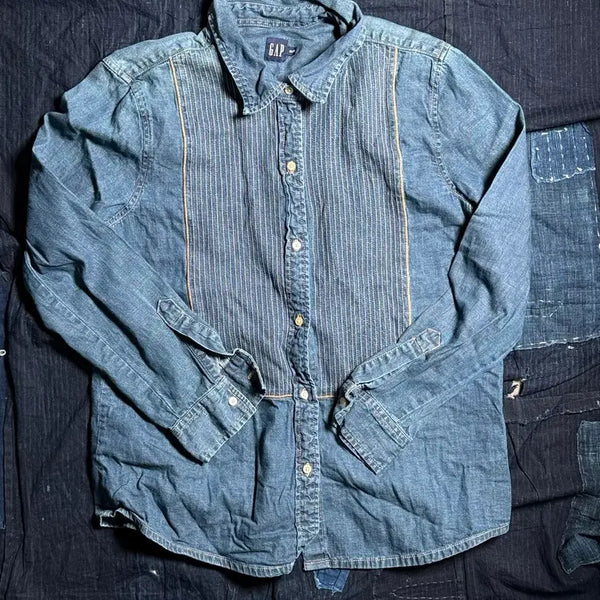 [BUNJANG] Gap Women's Front Bib Stripe Denim Shirt XL / Gap 프론트 빕 스트라이프 데님 셔츠 XL