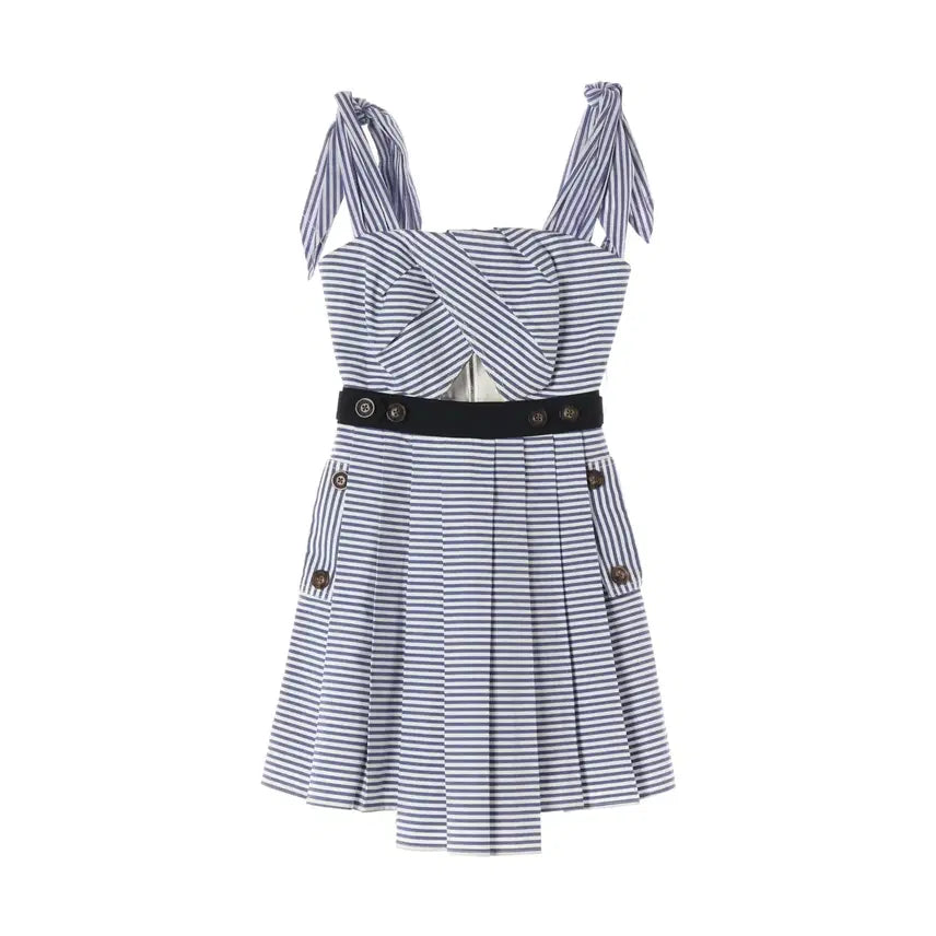 [BUNJANG] Self-Portrait Stripe Pattern Cotton Shoulder Tie Pleated Dress / 셀프포트레이트 스트라이프 패턴 코튼 숄더 타이 플리츠 원피스