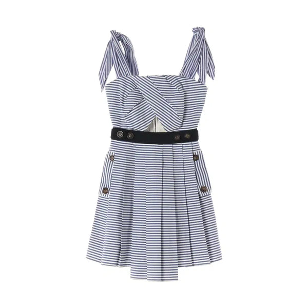 [BUNJANG] Self-Portrait Stripe Pattern Cotton Shoulder Tie Pleated Dress / 셀프포트레이트 스트라이프 패턴 코튼 숄더 타이 플리츠 원피스
