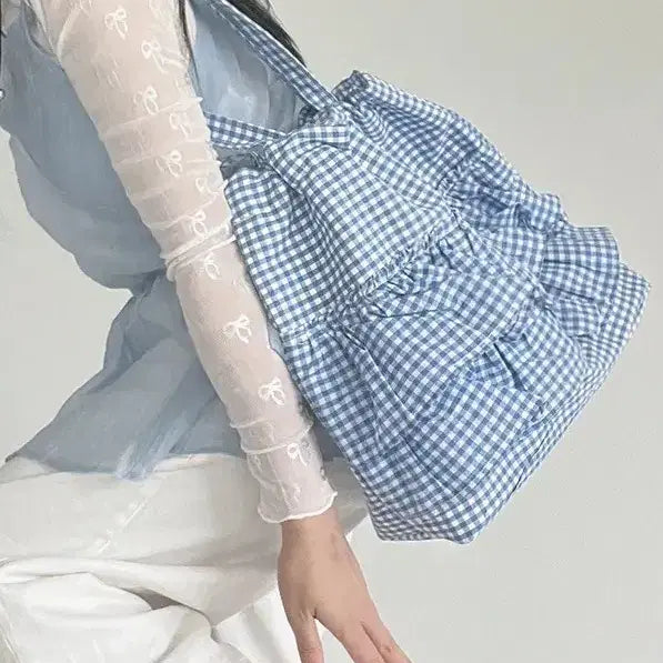 [BUNJANG] Frill Check Shoulder Bag Blue / 프릴 체크 숄더 백 블루