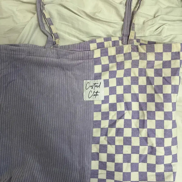 [BUNJANG] Large Purple Check Print Tote Bag / 보라색 체크 프린트 라지 사이즈 큰 토트백 가방