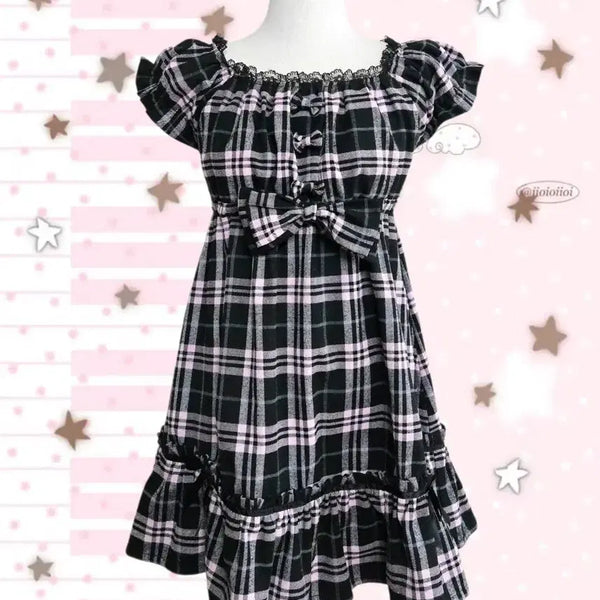 [BUNJANG] Tralalala Ribbon Lace Check Dress / 고전 트랄라라 연핑크 블랙 리본 체크 원피스 헤이세이 히메갸루 갸루 공겜여주 모리걸 양산형 로지타 리즈리사 엑시즈팜 핀터깔 달천깔 짜잔씨
