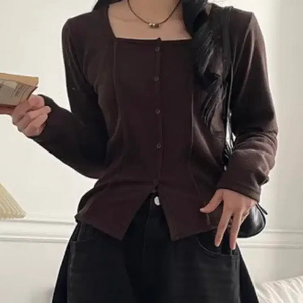 [BUNJANG] Button Square Neck Cardigan T-Shirt with Panel Detail / 절개포인트 스퀘어넥 단추 가디건 티셔츠