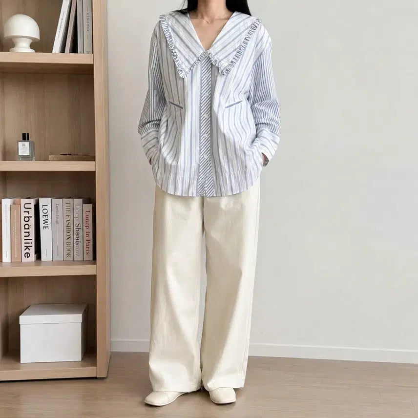 [BUNJANG] GANNI Sailor Collar Striped Oversized Blouse / 77~88 GANNI 가니 긴팔 블라우스 세일러카라 루즈핏