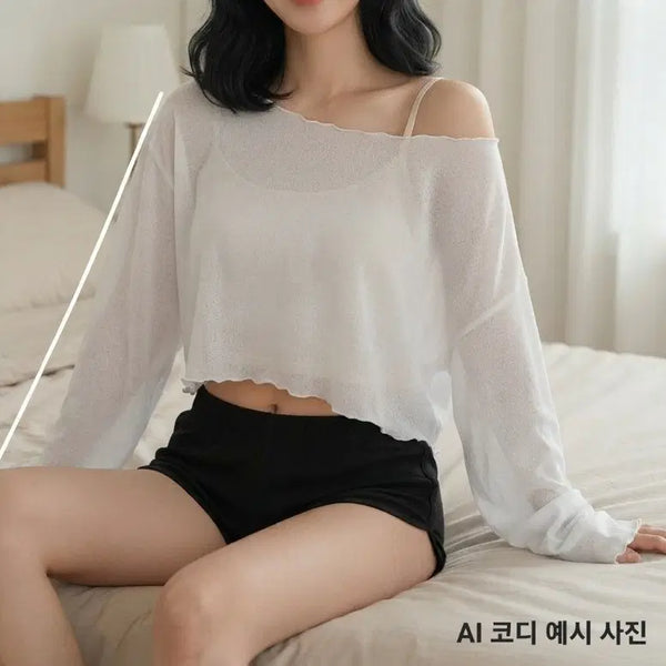 [BUNJANG] Women's White Cropped See-Through Knit Top (Free Size) / 흰색 크롭 시스루 니트 (프리사이즈)