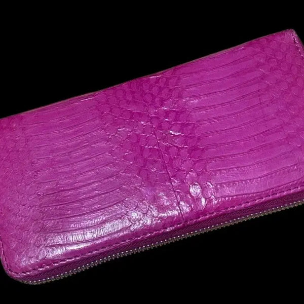 [BUNJANG] Hot Pink Snakeskin Leather Zip Long Wallet / 핫핑크 뱀피 가죽 지퍼 장지갑