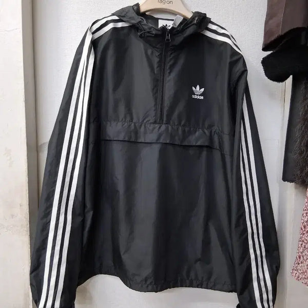 [BUNJANG] Adidas Three-Stripes Windbreaker Hooded Jacket Black L / 아디다스 삼선 바람막이 후드 자켓 블랙 L