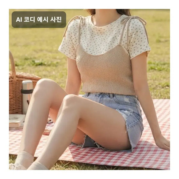 [BUNJANG] Floral Pattern Crop Top + Knit Bustier Set / 플라워 패턴 크롭티 + 니트 뷔스티에 (XS~M)