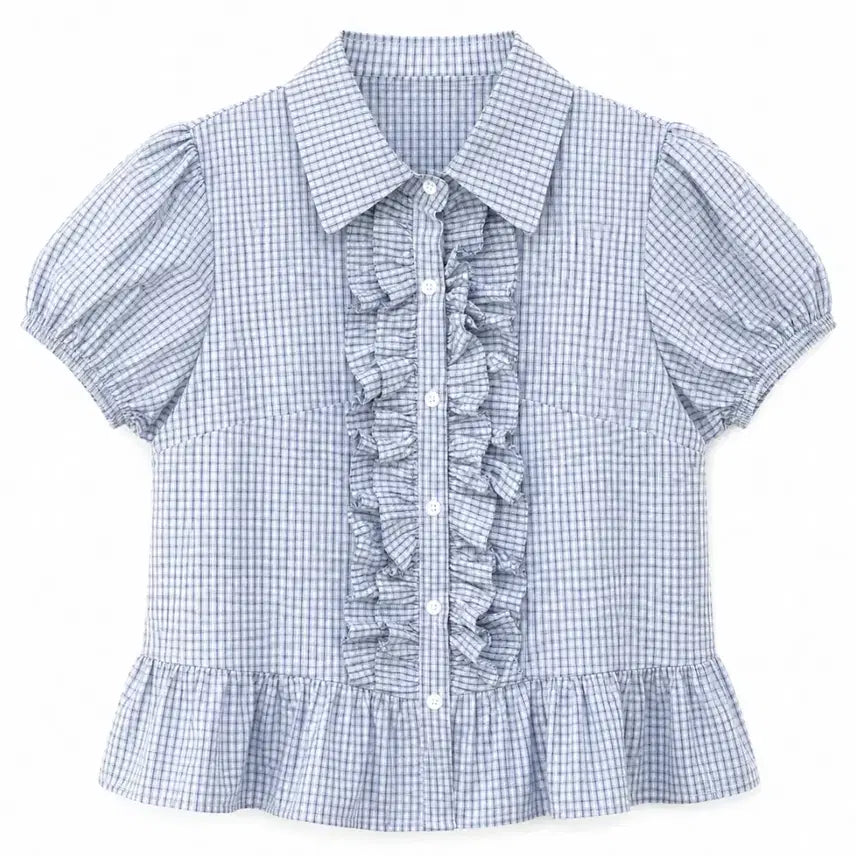 [BUNJANG] Yuko Check Frill Blouse - Sky Blue / 유코 체크 프릴 bl 소라 새상품