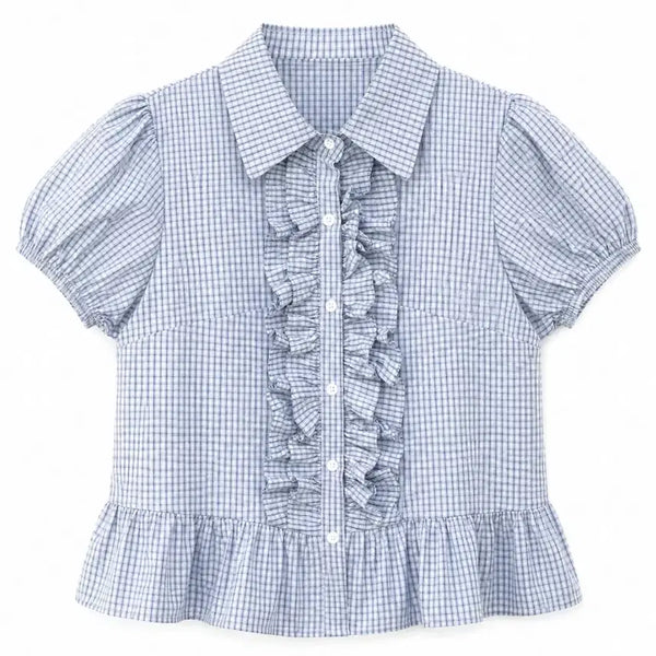 [BUNJANG] Yuko Check Frill Blouse - Sky Blue / 유코 체크 프릴 bl 소라 새상품