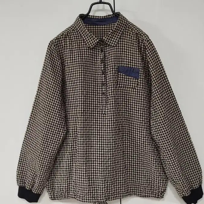 [BUNJANG] Brown Gingham Check Half-Open Blouse with Ribbed Cuffs and Drawstring Hem / 77 88브라운 고방체크 반오픈 시보리 소매 밑단 스트링 줄 블라우스
