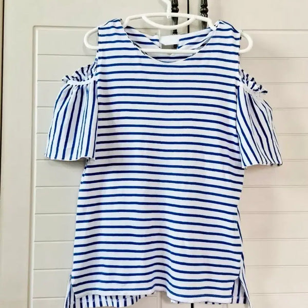 [BUNJANG] CC Collect Blue Stripe Off-Shoulder T-Shirt / 씨씨콜렉트 티셔츠 듀엘온앤온보브에고이스트미샤지컷시슬리럭키슈에뜨오즈세컨시스템헤지스쥬크