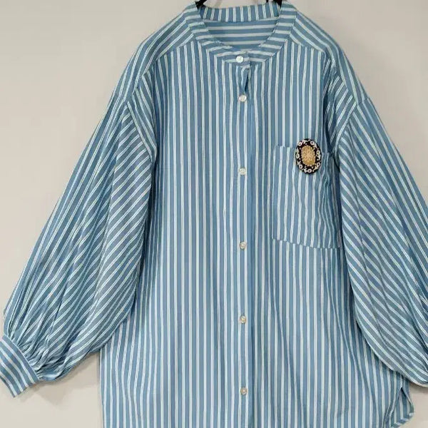 [BUNJANG] Loose Fit Balloon Sleeve Blouse with White Stripes / 88 99루즈핏 하늘색 흰줄 나염 매끈 폴리원단 헨리 넥풍성한 벌룬 소매 블라우스