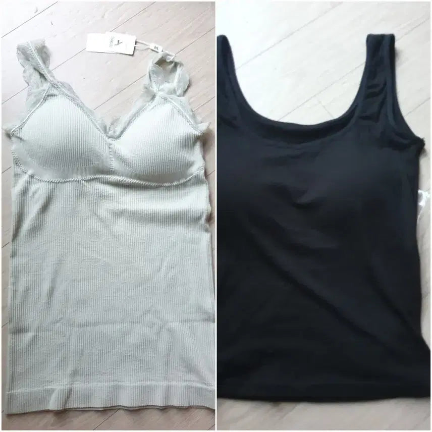 [BUNJANG] Seamless Lace Bralette (Mint) & Ribbed Cami Top (Black) Set / (새상품) 심리스 레이스 브라탑(민트)/미세 골지 캡나시 (블랙)