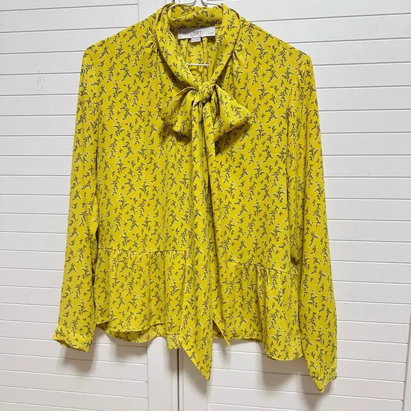 [BUNJANG] LOFT Flower Ribbon Tie Blouse Yellow / LOFT 로프트 플라워 리본 타이 블라우스 옐로우