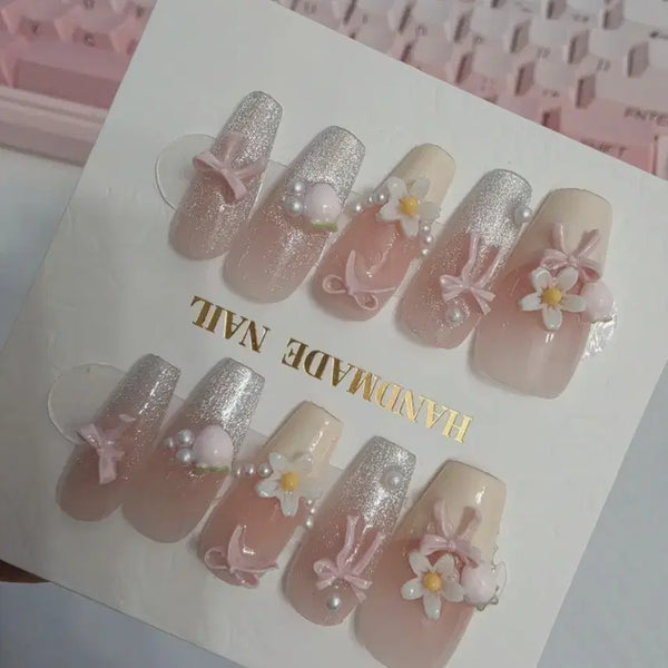 [BUNJANG] French Flower Nail Tips [M] / 프렌치 꽃 네일팁 [M]