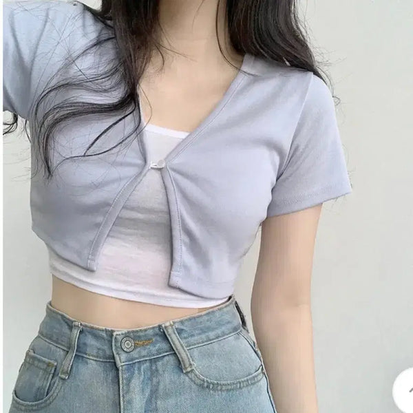 [BUNJANG] Ablie Mini Button Cardigan (Light Blue, Black) / 에이블리 미니 단추 가디건(소라, 블랙)