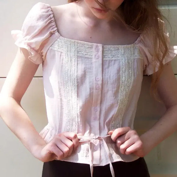 [BUNJANG] ETMON Double Lace Square Blouse - Pink / 에트몽 더블 레이스 스퀘어 블라우스 핑크