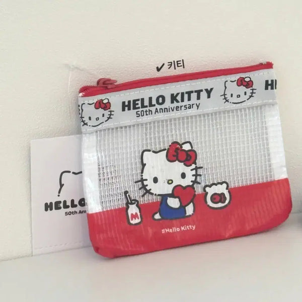 [BUNJANG] Hello Kitty 50th Anniversary Transparent Mesh Pouch / 헬로키티 50주년 기념 파우치 정품