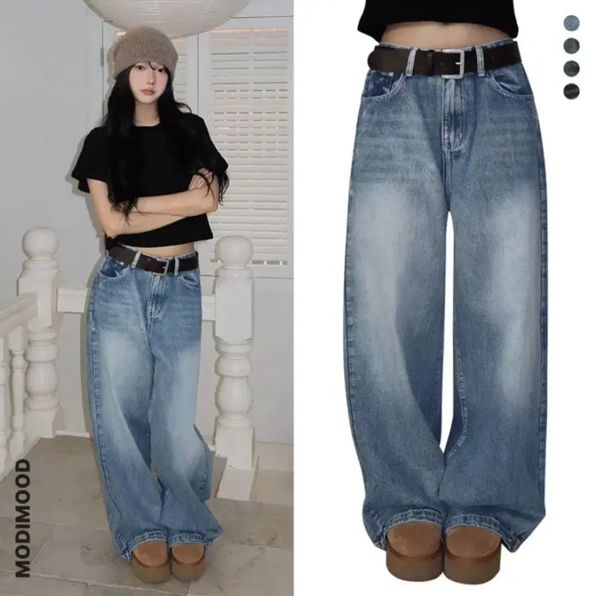[BUNJANG] MODIMUDE Folder Hem Snap Two-Way Washed Denim Pants (Light Blue, Long M) / 모디무드 폴더 밑단 스냅 투웨이 워싱 데님 팬츠