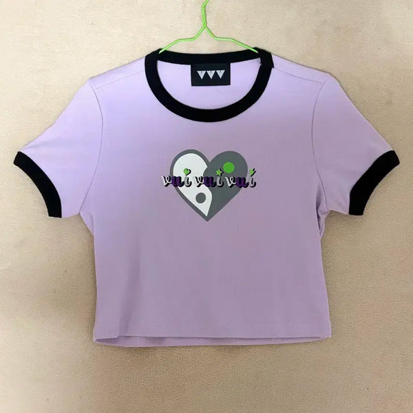 [BUNJANG] Purple Cropped T-Shirt with Heart Print / 보라색 크롭티