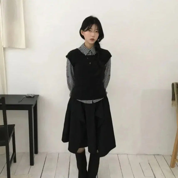 [BUNJANG] Furendgeek Check Shirt Layered Sleeveless Knit Set / 퓨렌드긱 체크셔츠+레이어드캡소매나시니트세트