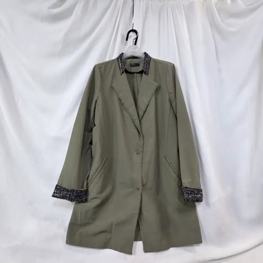 [BUNJANG] Stile Benetton Olive Khaki Tweed Mix Coat / STILE BENETTON 올리브 카키 트위드 배색 코트 55/66