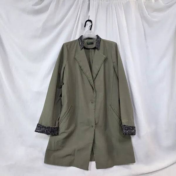 [BUNJANG] Stile Benetton Olive Khaki Tweed Mix Coat / STILE BENETTON 올리브 카키 트위드 배색 코트 55/66