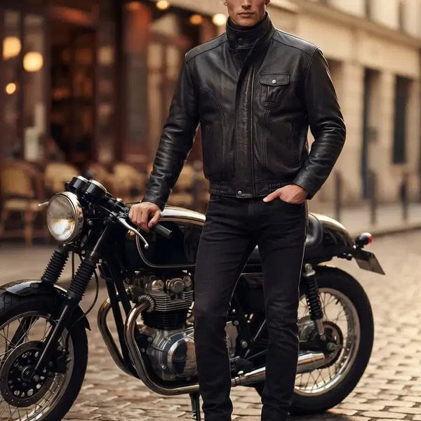 [BUNJANG] Men's Genuine Leather High-Neck Blouson Jacket / 남성 소가죽 하이넥 블루종 자켓 바이커자켓 라이더지켓