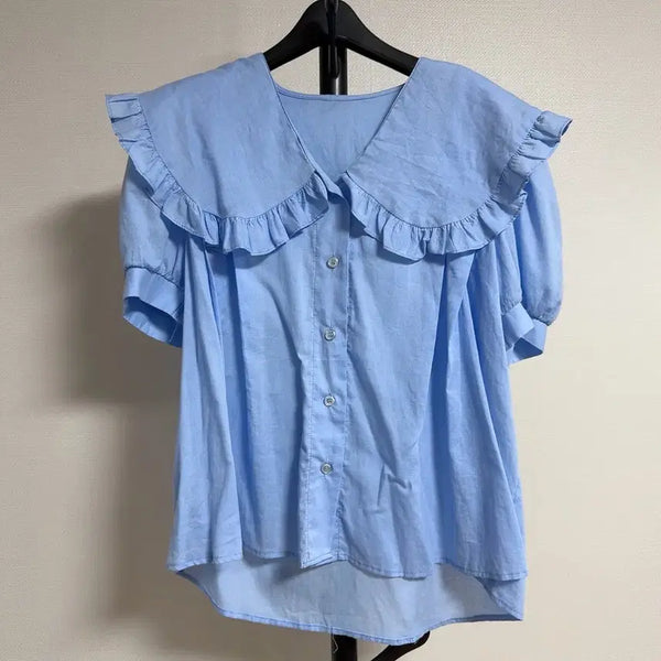 [BUNJANG] Sky Blue Frill Collar Short Sleeve Blouse / 하늘색 프릴 카라 반팔 블라우스