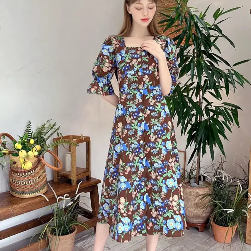 [BUNJANG] MINTA RETRO Bella Cotton Dress Brown Floral Pattern / 민타레트로(MINTA RETRO) 벨라 코튼원피스 55-66 새상품