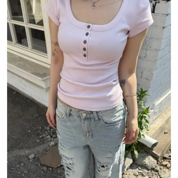 [BUNJANG] EE Baby Button Short Sleeve T-shirt Pink / 이즈이즈 베이비 버튼 반팔 티셔츠 핑크