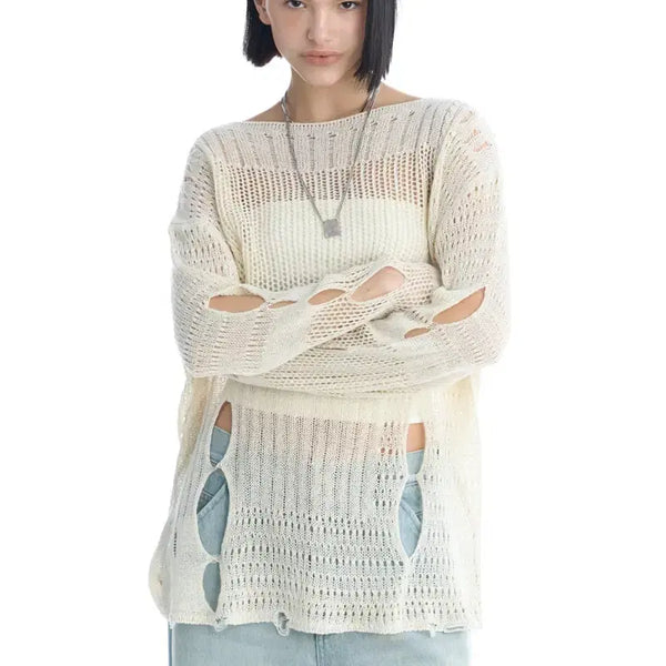 [BUNJANG] trimmingbird Cut-out Mesh Knit Pullover Cream / 트리밍버드 컷아웃 메쉬 니트 풀오버 크림
