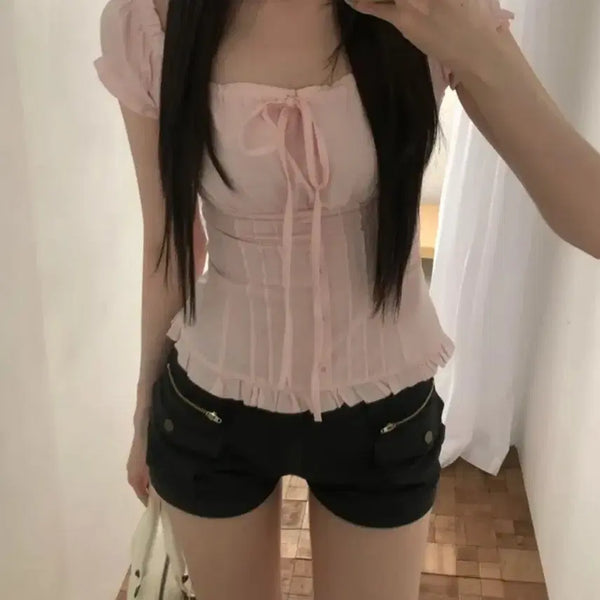 [BUNJANG] Pink Frill Short-Sleeve Off-Shoulder Summer Blouse / 새상품 핑크색 프릴 반팔 오프숄더 여름 블라우스 에이블리