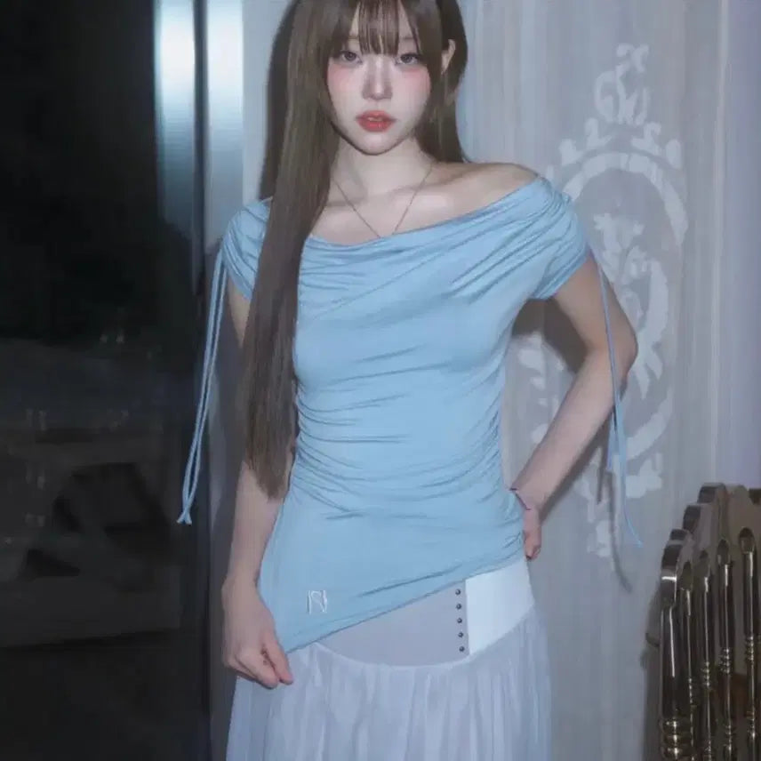 [BUNJANG] Newearlin Drape Shirring Boatneck Top Blue Short Sleeve / 뉴얼린 드레이프 셔링 보트넥 탑 블루 반팔