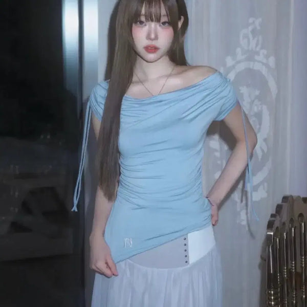 [BUNJANG] Newearlin Drape Shirring Boatneck Top Blue Short Sleeve / 뉴얼린 드레이프 셔링 보트넥 탑 블루 반팔