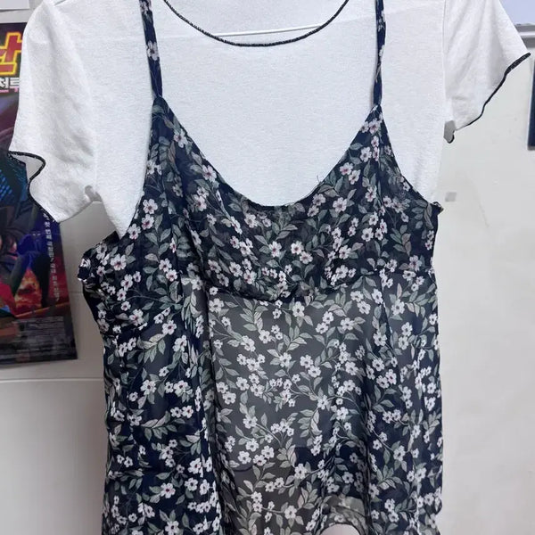 [BUNJANG] Floral Sleeveless T-Shirt / 플로럴 민소매 반팔 티셔츠