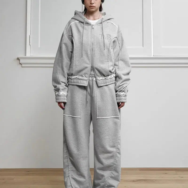 [BUNJANG] Trimingbird Cutout Setup Sweat Jumper & Pants Mélange Gray / 트리밍버드 컷아웃 셋업 스웻 점퍼 & 팬츠 멜란지 그레이