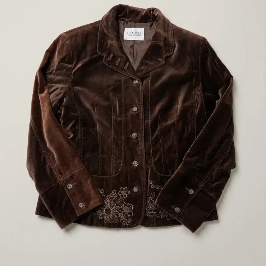 [BUNJANG] Vintage Brown Velvet Flower Embroidered Jacket M / 빈티지 브라운 벨벳 플라워 자수 자켓 M 1B1-3