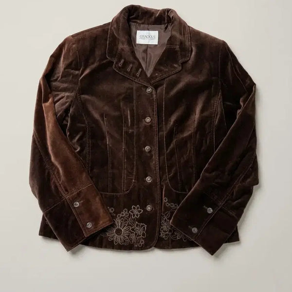 [BUNJANG] Vintage Brown Velvet Flower Embroidered Jacket M / 빈티지 브라운 벨벳 플라워 자수 자켓 M 1B1-3