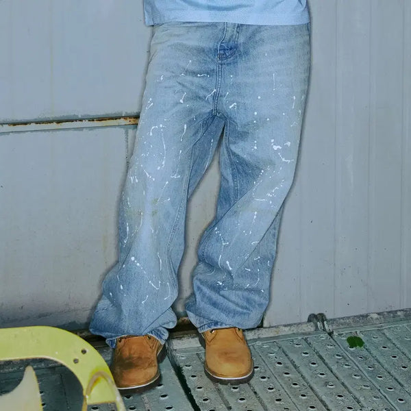 [BUNJANG] Romantic Crown Splash Painting Denim Pants Blue L / 로맨틱크라운 스플래시 페인팅 데님 팬츠 청바지 블루 L