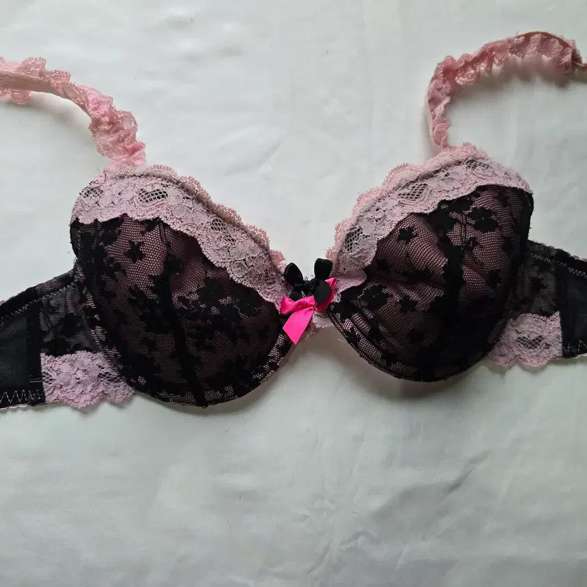 [BUNJANG] Black Pink Ribbon Lace Bra B Cup / (중고) 블랙 핑크 리본 레이스 브래지어 B컵