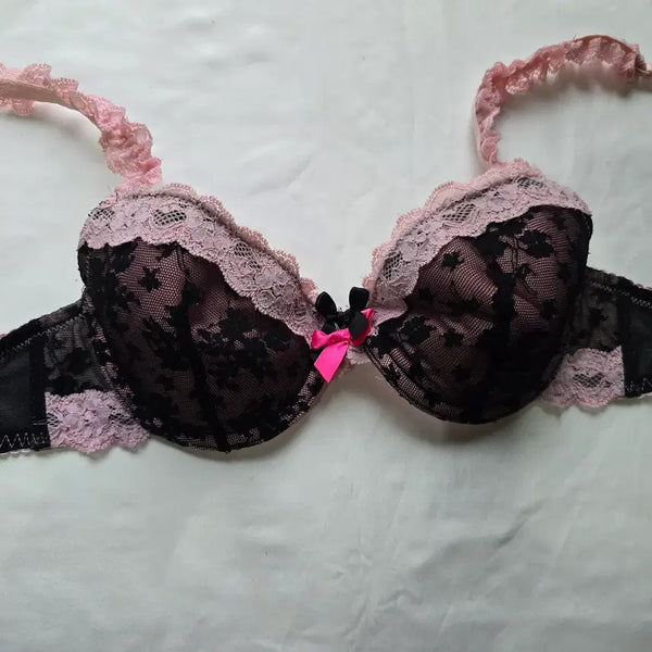 [BUNJANG] Black Pink Ribbon Lace Bra B Cup / (중고) 블랙 핑크 리본 레이스 브래지어 B컵