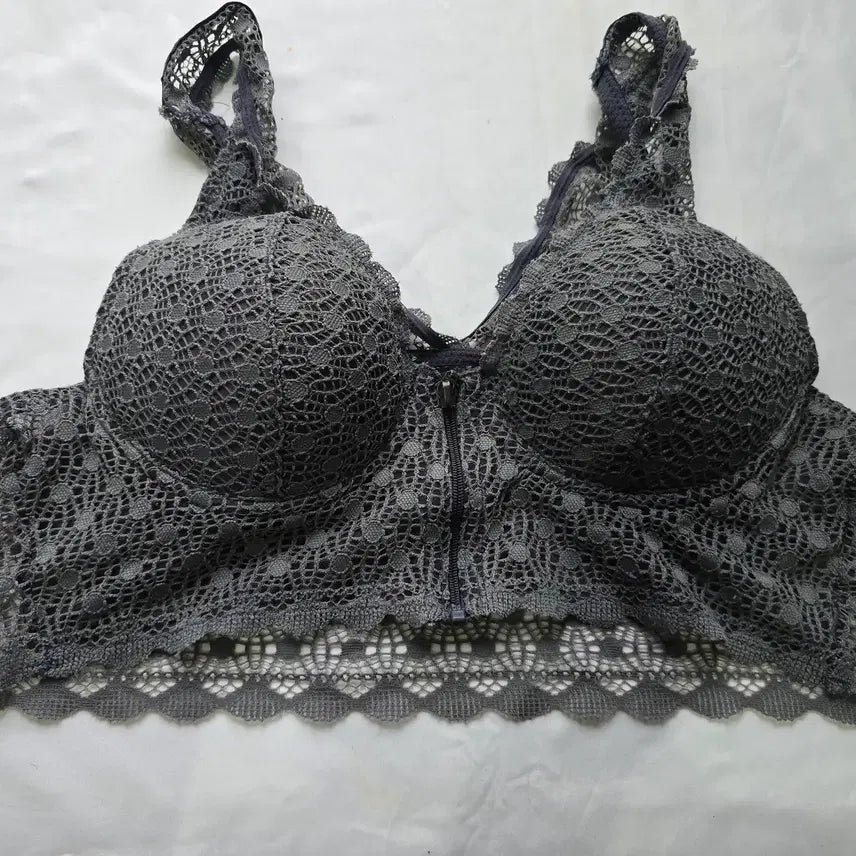 [BUNJANG] Charcoal Gray Lace Zip-Up B-Cup Bra Top (Used) / (중고) 차콜 그레이 레이스 집업 브라탑 B컵
