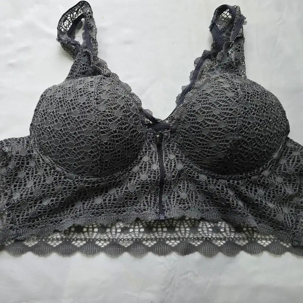 [BUNJANG] Charcoal Gray Lace Zip-Up B-Cup Bra Top (Used) / (중고) 차콜 그레이 레이스 집업 브라탑 B컵