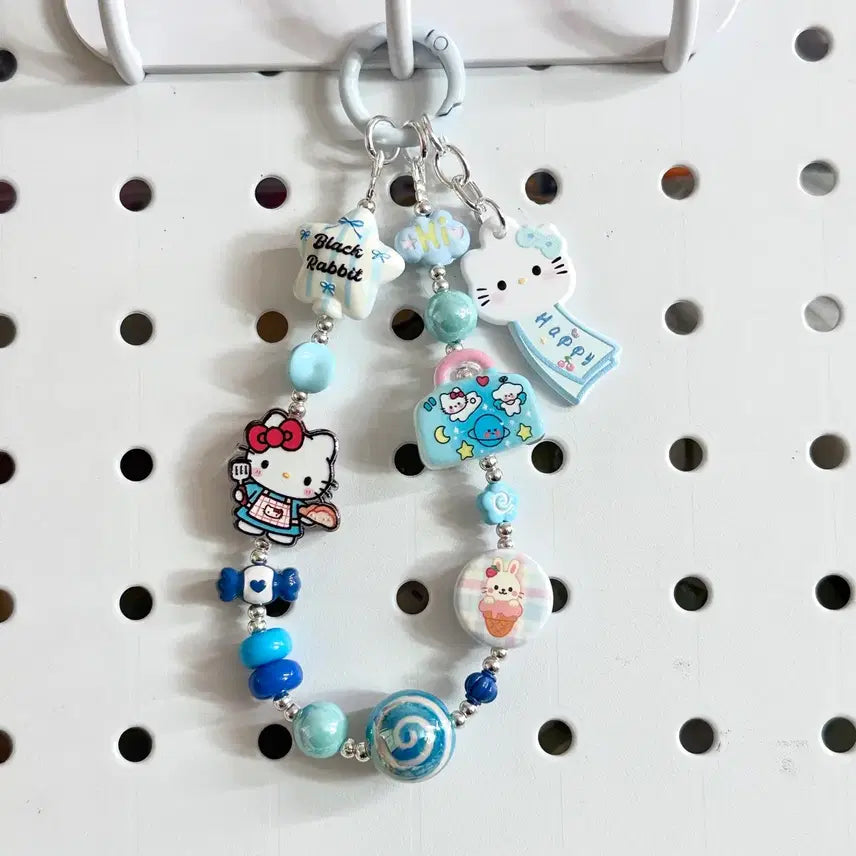 [BUNJANG] Sky Blue Hello Kitty Design Acrylic Metal Bead Keyring / 하늘 키티 디자인 아크릴 메탈 비즈키링