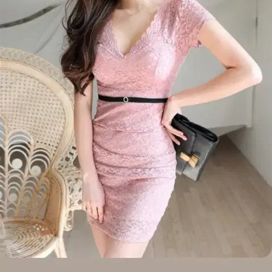 [BUNJANG] Lace Wrap Mini Dress - Pink / 레이스 아나운서 핑크 원피스