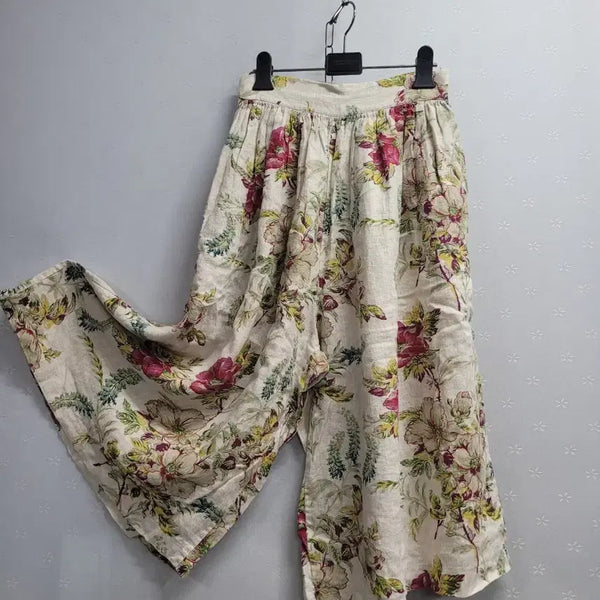 [BUNJANG] Floral Pattern Wide Linen Pants / 77)플로럴 패턴 와이드 면마 바지